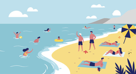 Beach scene with people enjoying summer activities.