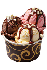 Three scoops of ice cream in a decorative cup with chocolate drizzle strawberry vanilla