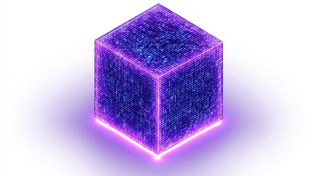 A translucent, cube-shaped object filled with a dense, swirling network of deep blue and purple energy, outlined by a vibrant purple glow, subtly reflecting light on a white background - Powered by Adobe