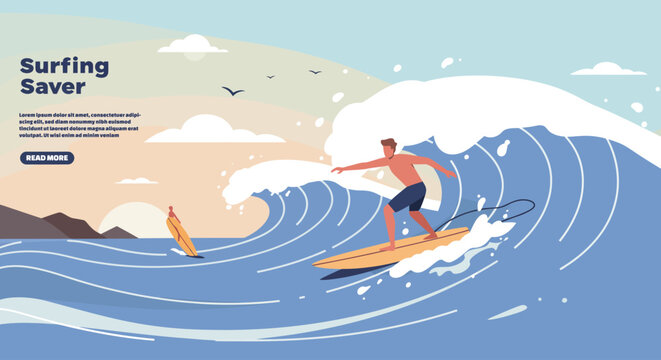A surfer rides a large wave on a surfboard, with a second surfer visible in the background; mountains and birds are also present.
