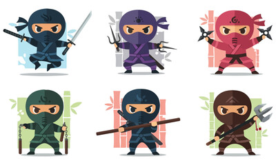 A Fun Collection of Six Chibi Ninja Characters, Posing, Throwing Shuriken, and Hiding in a Bamboo Forest with Swords and Stealthy Moves