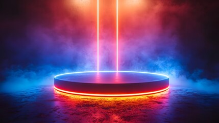 A modern circular podium illuminated by vibrant neon lights set against a backdrop of atmospheric smoke and mist