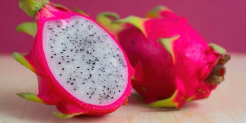 Vibrant dragon fruit cut open on a light wooden surface with a pink background.