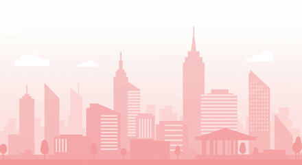 Naklejka premium A stylized, minimalist illustration of a city skyline in shades of pink, featuring various building silhouettes.