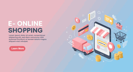 Fototapeta premium An isometric illustration depicting online shopping, delivery, and financial transactions on a smartphone.