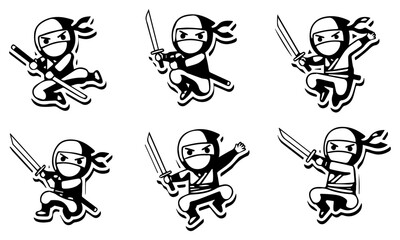 Dynamic Collection of Cartoon Ninja Characters in Black and White, Performing Various Action Poses with Katanas, Jumping, Running, and Fighting with Classic Stealth
