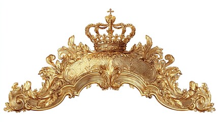 A gilded, ornate, arched crest featuring a crown atop swirling, foliate detailing, reminiscent of Baroque or Rococo styles.  The gold is richly textured, showing depth and highlights