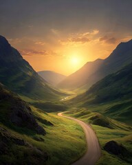 Mountain Road Winding Through Valley At Sunset