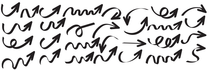 Arrow set. Crayon, charcoal, pastel, chalk hand drawn freehand white elements, doodle style stroke. Sketch pencil grunge textured wave arrows, direction pointers, and curved lines. Vector illustration
