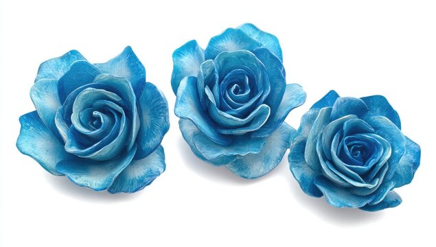 Three vibrant blue roses against a white background