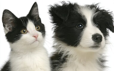Obraz premium Black and white cat and dog close-up