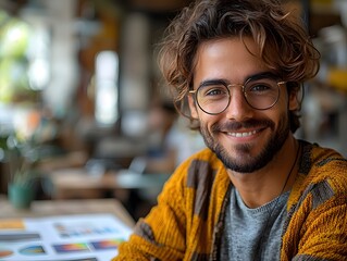 A smiling young man with glasses wearing a cozy cardigan looks confidently forward in a warm casual environment
