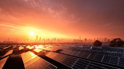 Sunset Over City With Solar Panels