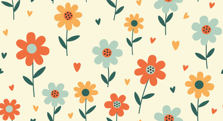 Vibrant retro floral pattern with charming hearts, perfect for cheerful, vintage designs
