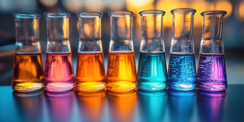 A stunning view of colorful liquids in beakers, perfect for scientific concepts and visual interest.