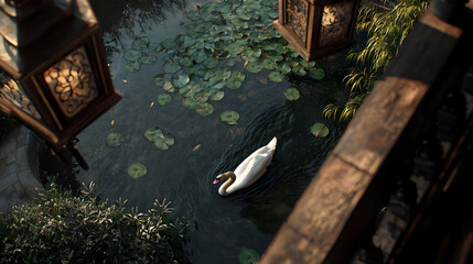 Swan In Pond With Lanterns And Lily Pads
