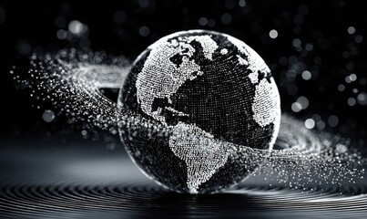 Digital globe, swirling particles, dark background