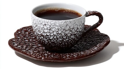 Detailed Studio Shot Of Dark Brown And White Coffee Cup And Saucer