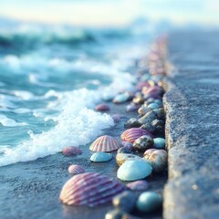 Colorful Seashells On Sandy Beach At Sunrise