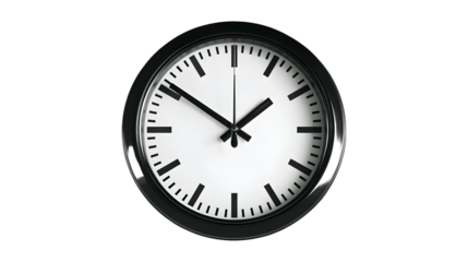 A black and white clock with the hands at the numbers 3 and 9