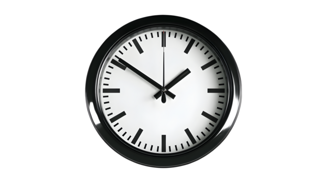 A black and white clock with the hands at the numbers 3 and 9