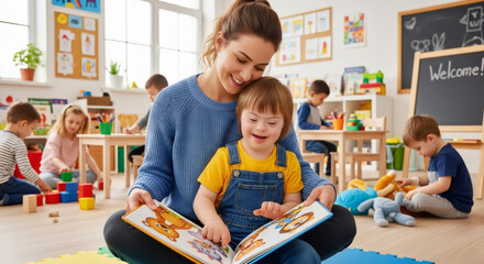 Woman and child with down syndrome read a book together on a couch, concept of inclusive education and parenting