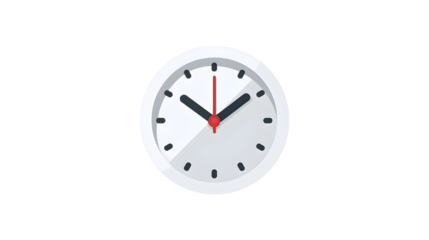 A white clock with red hands showing the time The clock is set in a white background