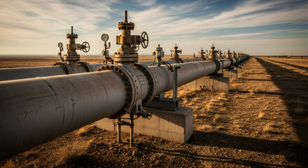 Large industrial pipeline with control valves stretching across desert landscape during sunset for oil gas and energy transport.