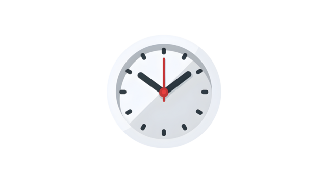 A white clock with red hands showing the time The clock is set in a white background