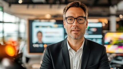 Confident businessman wearing glasses in a modern workspace environment
