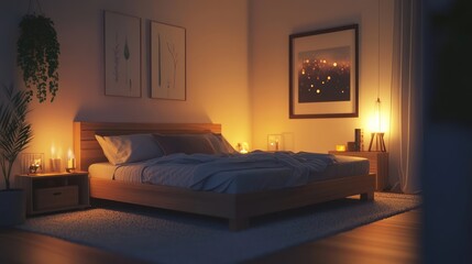 Serene bedroom interior with soft lighting and minimalistic design elements