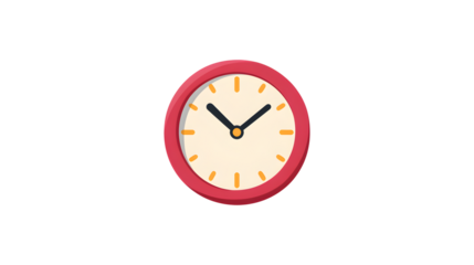 A red and white clock with the hands at 3:00. The clock is set to the time of 3:00