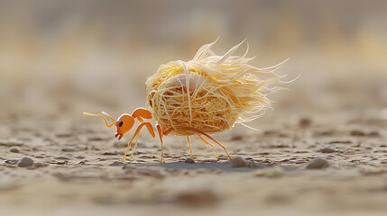 Ant Carrying Hay Ball On Desert Ground