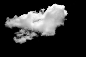 A single white fluffy cloud on a black background represents imagination, freedom, weather and abstract nature patterns.