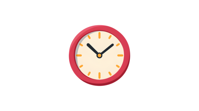 A red and white clock with the hands at 3:00. The clock is set to the time of 3:00
