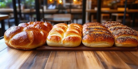 Assortment of freshly baked breads on a wooden table