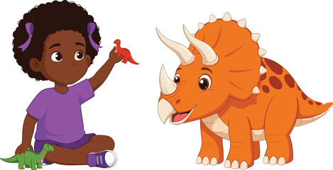African American girl playing with dinosaur toys and smiling cartoon triceratops, educational prehistoric kids illustration in vector style © Shahariar's World