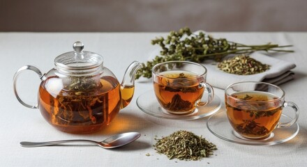Fototapeta premium Aromatic Herbal Tea Still Life With Glassware And Fresh Herbs
