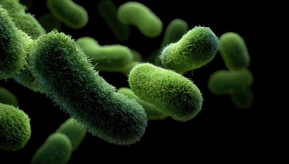 Close-up view of numerous microscopic green bacteria
