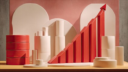 Abstract geometric scene with red upward trend graph