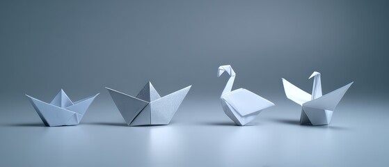 Elegant white origami paper swan and boat models on smooth surface with soft gray background for craft and art decoration