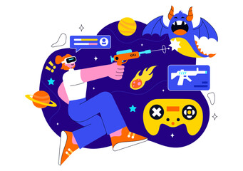 Virtual Reality Gaming Illustration featuring People Using VR Glasses and Controllers to Explore Metaverse Technology and Interactive Experiences