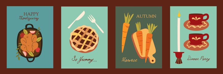 Thanksgiving day greeting card, flyer, banner, poster templates. Hand drawn symbols, coffee , pie, chicken and handwritten lettering. Autumn fall vector collection for stamp, poster, banner, flyer.