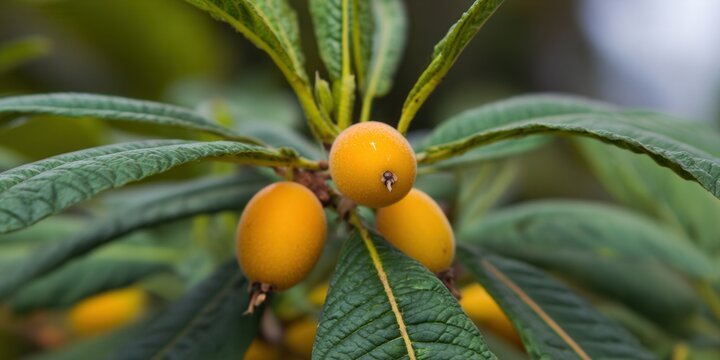 Vibrant loquat fruits thriving on a tree branch, showcasing natural beauty and freshness.