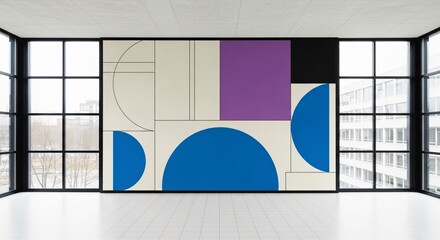 Modern Abstract Art Adorns Minimalist Office Space with Large Windows