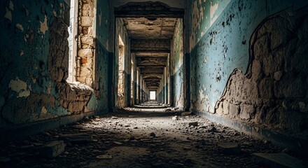 Eerie Abandoned Hallway with Peeling Paint and Debris, Dramatic Light