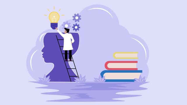 Knowledge or education cartoon animation backgrounds video . intelligence mind experience tiny person learning cartoon concept idea animated footage motion graphic illustration design