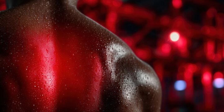 Close-up view of a sweaty, muscular back and shoulder illuminated by red light.