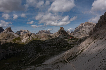 Beautiful sunny day in Dolomites mountains. View on Tre Cime di Lavaredo