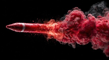 Explosive red smoke trail behind a rocket launching into the dark sky du nighttime with vibrant fiery plume and dramatic lighting